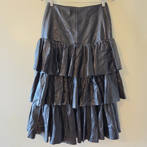 Dominic Bellissimo Black Soft Leather Tiered Ruffle Midi Skirt Boho Chic Black 8 - Picture 10 of 15